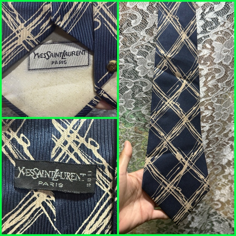 Yves Saint Laurent Navy Tie with Beige Plaid Brushstroke Pattern vintage 1960s